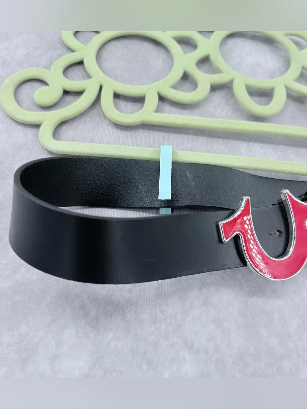 True Religion Black Leather Belt with Red Horseshoe Buckle